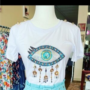 Embellished White Eye Graphic T-Shirt